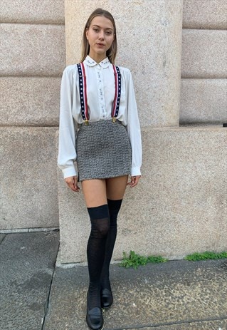 VINTAGE HOUNDSTOOTH WOOL MINI SKIRT IN GREY