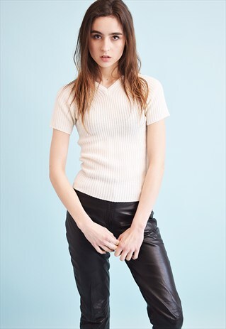 90'S RETRO NEUTRAL KNITTED RIBBED TOP BLOUSE