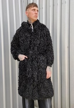Loose fit fleece jacket in black fake fur fluffy hooded coat