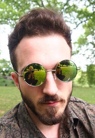 GREEN REFLECTIVE CIRCLE FRAME SUNGLASSES