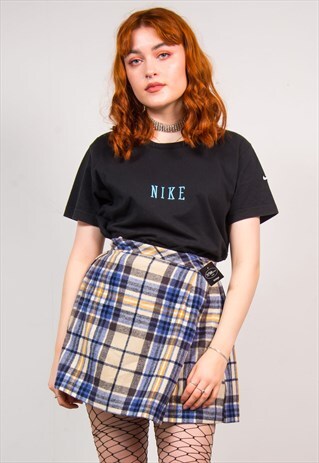 VINTAGE 90'S BLUE CHECK TARTAN HIGH WAIST MINI WRAP SKIRT