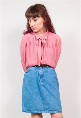 VINTAGE 70'S PINK NECK TIE LONG SLEEVE SHEER BLOUSE SHIRT