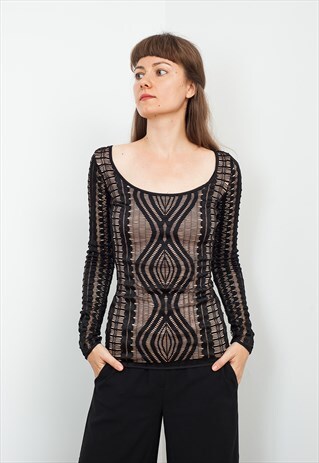 BCBG MAX AZRIA FISHNET LACE LONG SLEEVE TOP