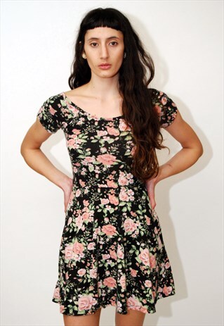 VINTAGE CUTOUT DRESS (S) ROSE PRINT 90S FLORAL MINI BABYDOLL