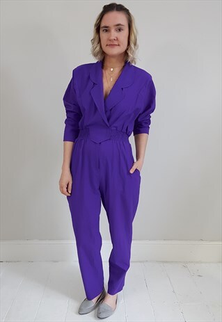 VINTAGE 80'S PURPLE SHIRRED WAIST JUMPSUIT