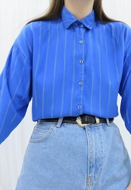 80s Vintage Blue Striped Collared Shirt Blouse
