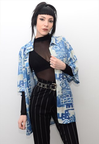 VINTAGE 90'S SURF SKATE ABSTRACT PATTERNED BOYFRIEND SHIRT