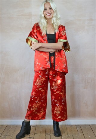 CROP TROUSERS & KIMONO CO-ORDINATES IN RED CHINESE DRAGON