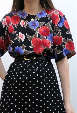 VINTAGE 80S RETRO RED & PURPLE FLORAL BLOUSE