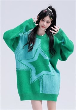 Star sweater knitted geometric jumper skater top in green