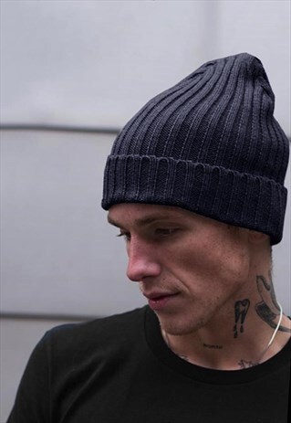 RIBBED FISHERMAN TRAWLER BEANIE HAT - NAVY BLUE