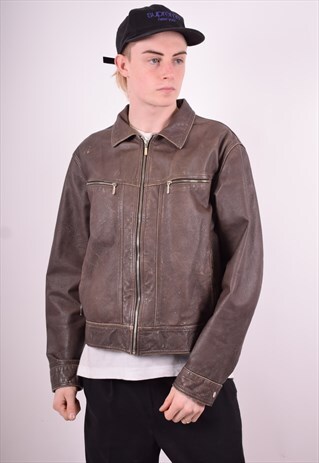 MENS VINTAGE LEATHER JACKET LARGE BROWN 90'S