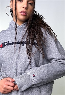 Grey 90s Champion Spellout Hoodie Sweatshirt