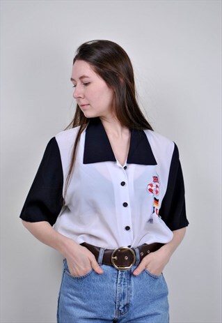 90S WOMEN SAILOR BLOUSE, VINTAGE FLAG WHITE SHIRT