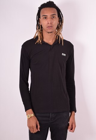 HUGO BOSS MENS VINTAGE POLO SHIRT LONG SLEEVE SMALL BLACK 90