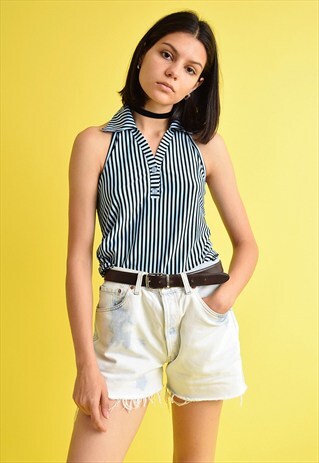 90'S RETRO KITSCH BEACH STRIPED LYCRA HALTER CROP TOP