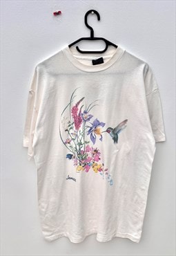 Vintage habitat hummingbird floral white T-shirt large 