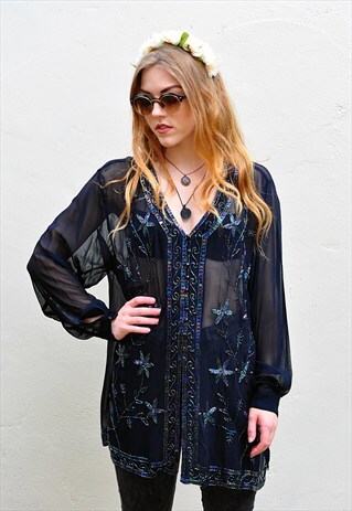 VINTAGE BLACK JET BEAD EMBELLISHED TOP / JACKET