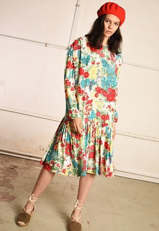 80'S RETRO FLORAL SUMMER FESTIVAL MIDI DRESS