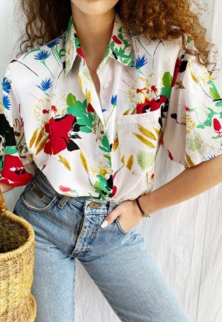 VINTAGE 80S BOTANICA WILD FIELD PRINT BOHEME BLOUSE TOP