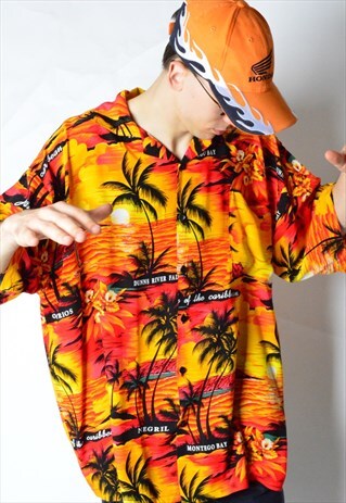VINTAGE 90S ORANGE CARIBBEAN FESTIVAL SHORT SLEEVE SHIRT