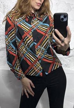 80s Colorful Geometric Print Shirt / Blouse 