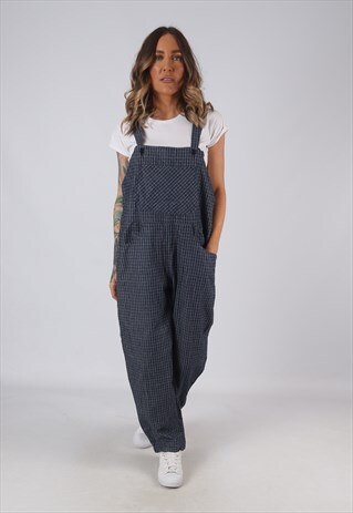 DENIM DUNGAREES CHECKED WIDE TAPERED LEG UK 14 (DK4J)