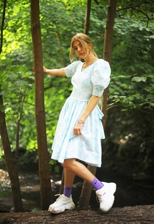 VINTAGE 80'S BABY BLUE PROM RUFFLE PUFF SLEEVE DRESS