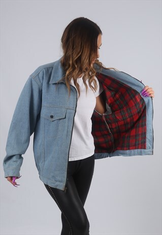 VINTAGE DENIM JACKET OVERSIZED BOMBER TARTAN UK 14 (KBU)