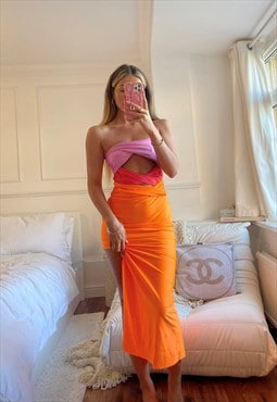 Azelle Collection Orange & Pink Midi Dress