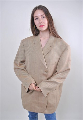 80S OVERSIZE BEIGE WOOL PLAID BLAZER, SIZE XL