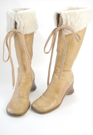 VINTAGE 90S Y2K TAN LEATHER KNEE HIGH WEDGE BOOTS