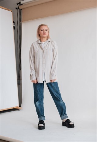 VINTAGE 90S MINIMAL GRUNGE RELAXED FIT LINEN SHIRT IN GREY L