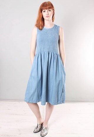 VINTAGE 80S DENIM RUCHED MIDI DRESS