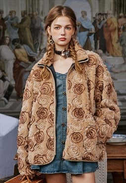 Fleece bomber rose pattern jacket floral fluffy coat brown 