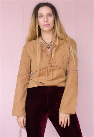VINTAGE FAUX SUEDE CUT OUT LACE PEASANT TOP