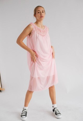 Vintage Slip 50s Short Sleeve Pleated Shear Slip Dress M