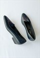 VINTAGE 80S CHIC BLUE LEATHER POINTY FLATS W FLOWER UK4.5