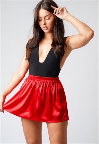 KATHERIN RED SATIN RARA MINI SKIRT