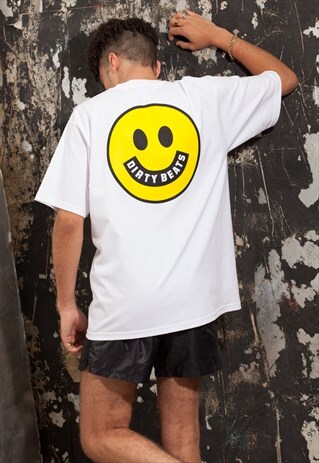 90'S INSPIRED BOX FIT RAVE SMILE T-SHIRT IN WHITE