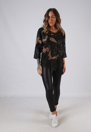 LEATHER FLORAL LACE TOP JUMPER VINTAGE UK 10 (DW4B)