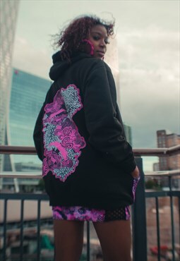 Psychedelic Print Rave Hoodie With Back Patch