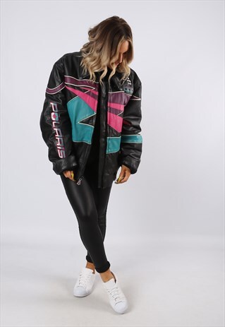 LEATHER BOMBER BOYFRIEND JACKET MOTORBIKE POLARIS UK 20 FNFE