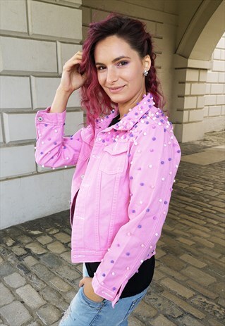 PINK DENIM JACKET WITH HAND STITCHED POM POMS