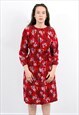 VINTAGE 70S LONG SLEEVED DRESS IN RED WITH FLORAL PATTERN