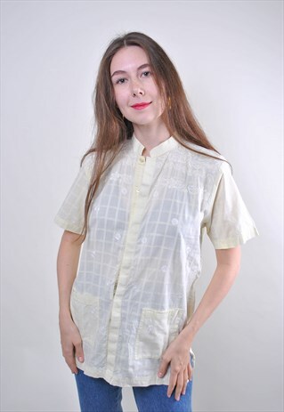 VINTAGE YELLOW CASUAL PLAID EMBROIDERY MINIMALIST BLOUSE