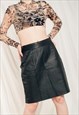 Vintage Leather Skirt 80s Middle Rise Midi in Black