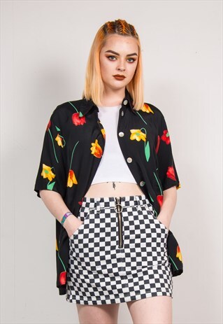 90'S VINTAGE BLACK TULIP PATTERN SHORT SLEEVE SHIRT