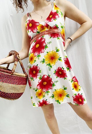 VINTAGE 90S HAWAII TROPICAL BOTANICA LILLIES MINI SLIP DRESS