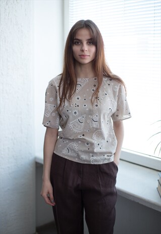 VINTAGE 80'S BEIGE PATTERNED SHORT SLEEVED TOP